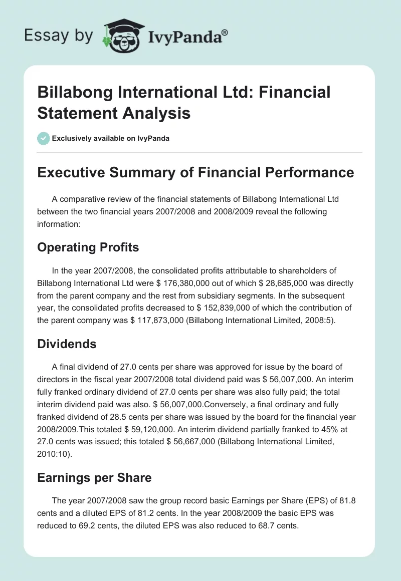 Billabong International Ltd: Financial Statement Analysis. Page 1