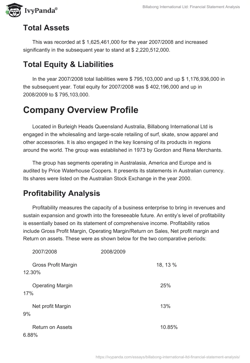 Billabong International Ltd: Financial Statement Analysis. Page 2