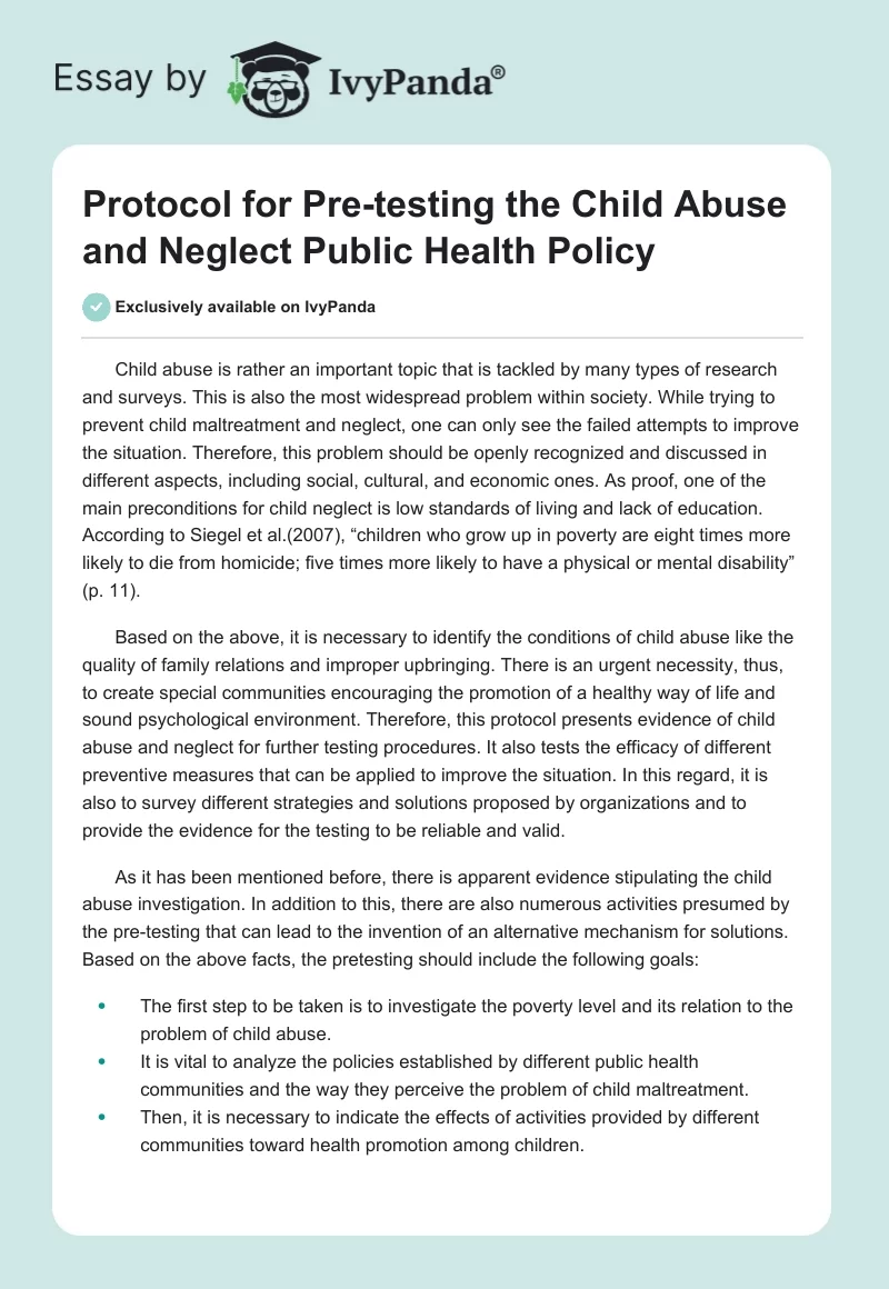 Protocol for Pre-Testing the Child Abuse and Neglect Public Health Policy. Page 1