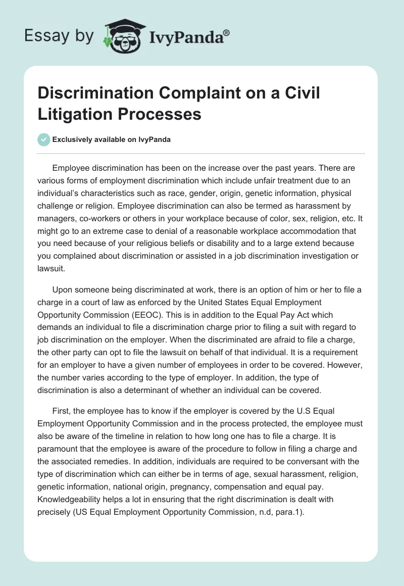 Discrimination Complaint on a Civil Litigation Processes. Page 1