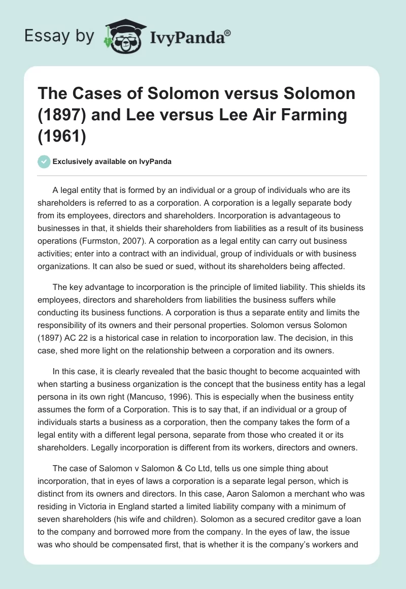 The Cases of Solomon versus Solomon (1897) and Lee versus Lee Air Farming (1961). Page 1