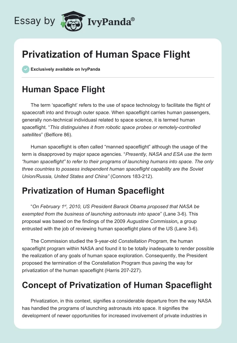 Privatization of Human Space Flight. Page 1