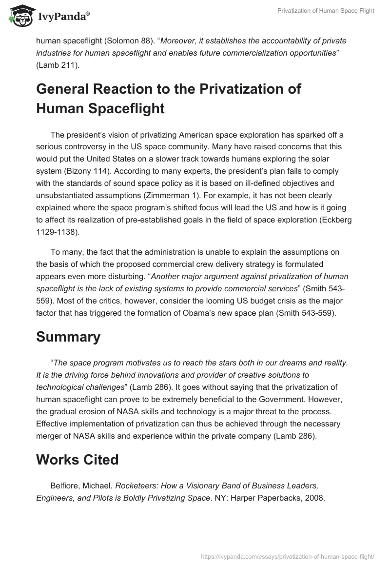 Privatization of Human Space Flight. Page 2