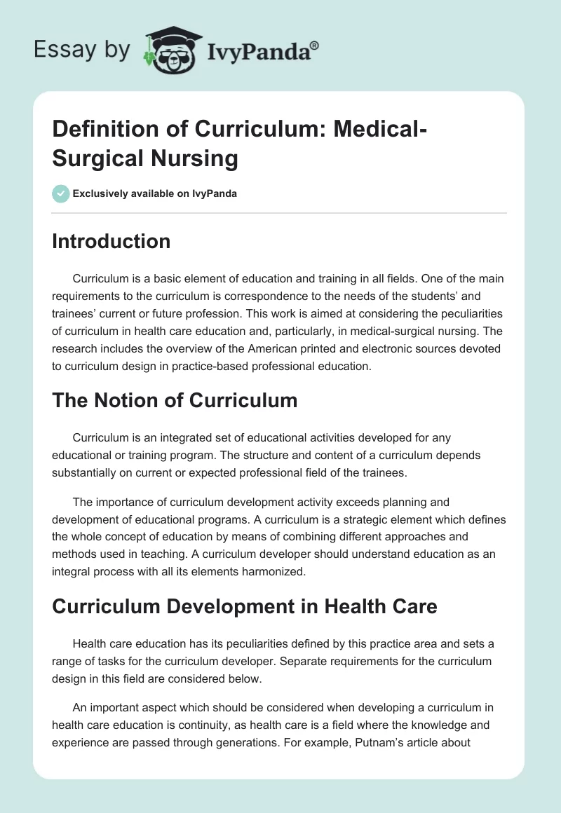 Definition of Curriculum: Medical-Surgical Nursing. Page 1