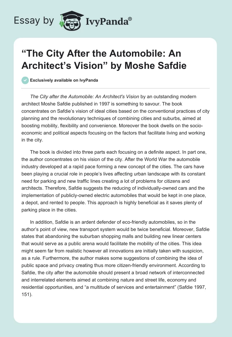 “The City After the Automobile: An Architect’s Vision” by Moshe Safdie. Page 1