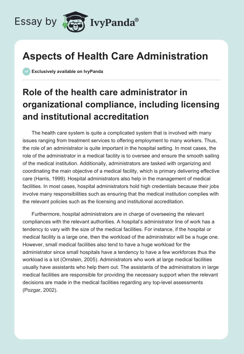 Aspects of Health Care Administration. Page 1