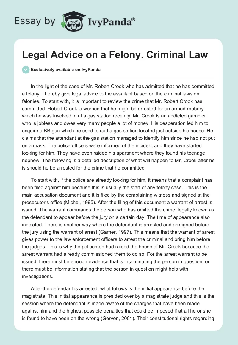 Legal Advice on a Felony. Criminal Law. Page 1