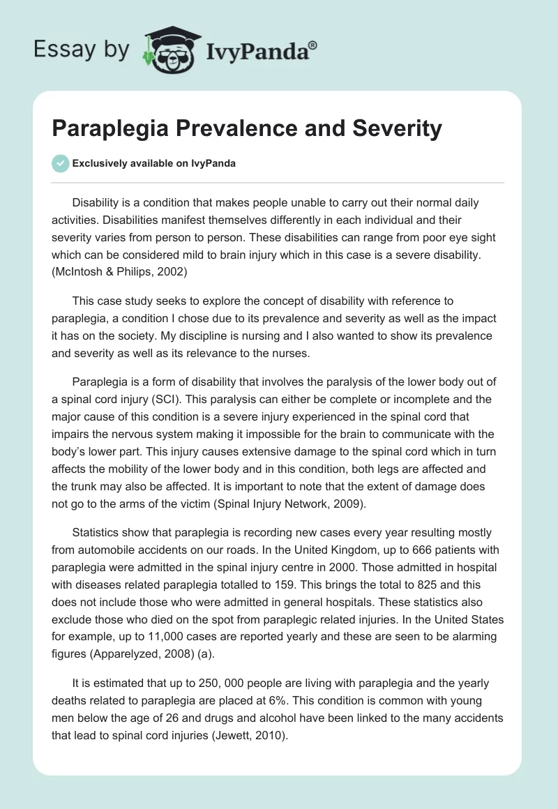 Paraplegia Prevalence and Severity. Page 1