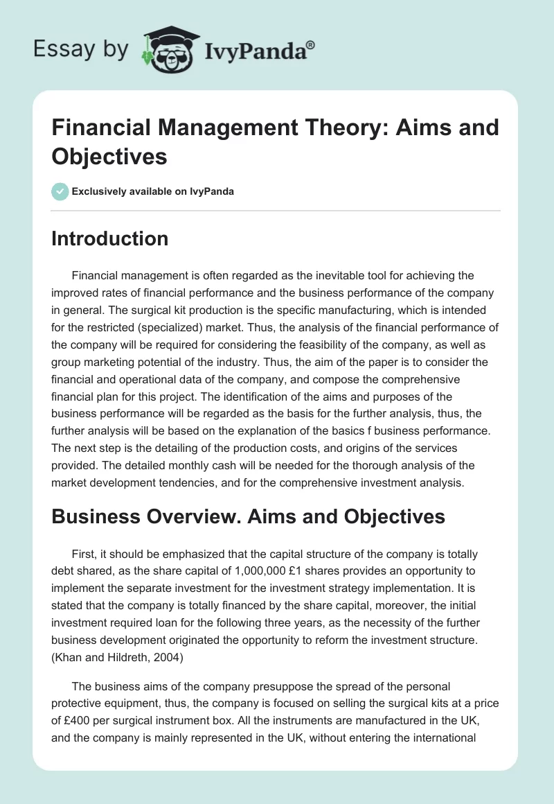 Financial Management Theory: Aims and Objectives. Page 1