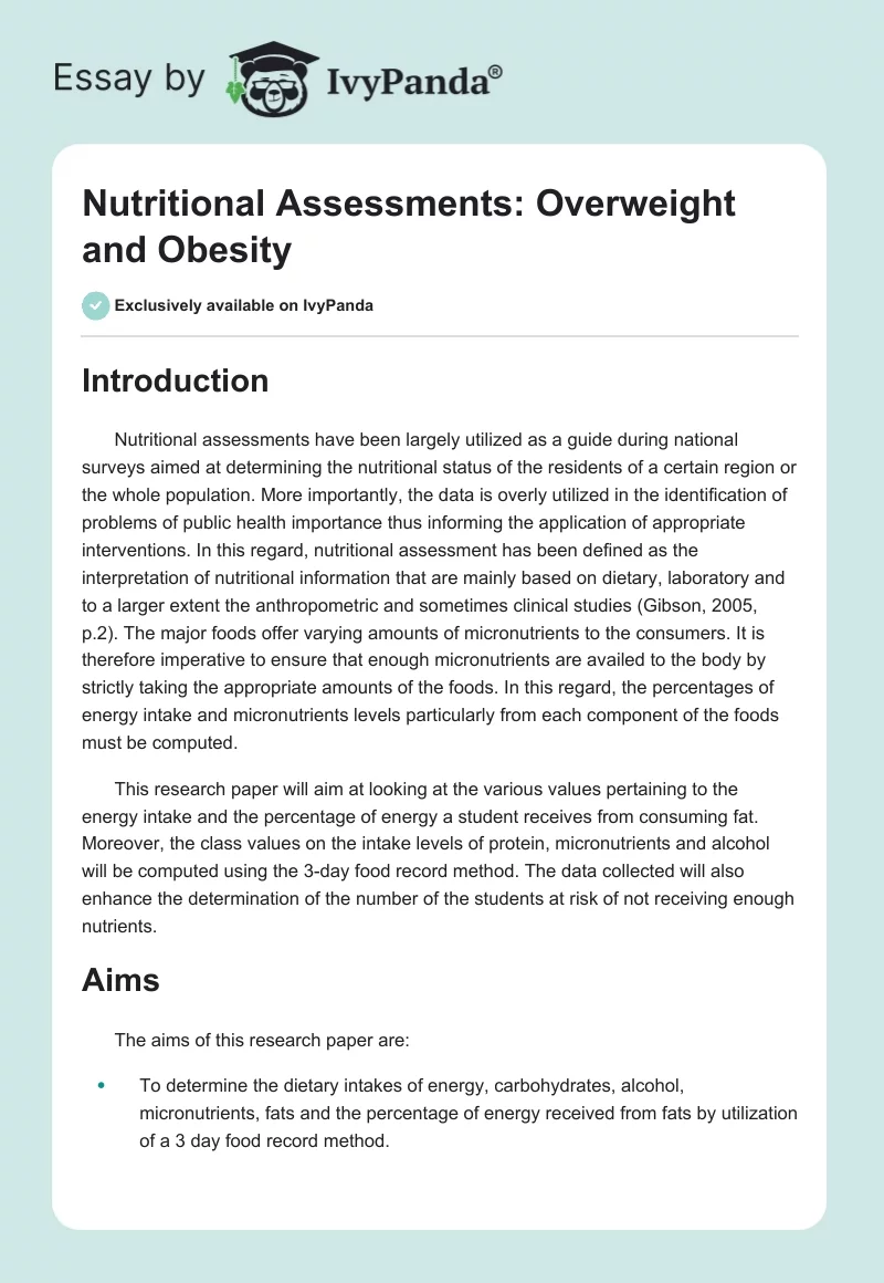 Nutritional Assessments: Overweight and Obesity. Page 1
