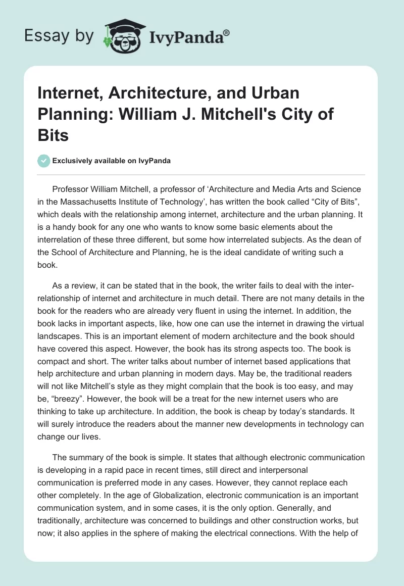 Internet, Architecture, and Urban Planning: William J. Mitchell's "City of Bits". Page 1