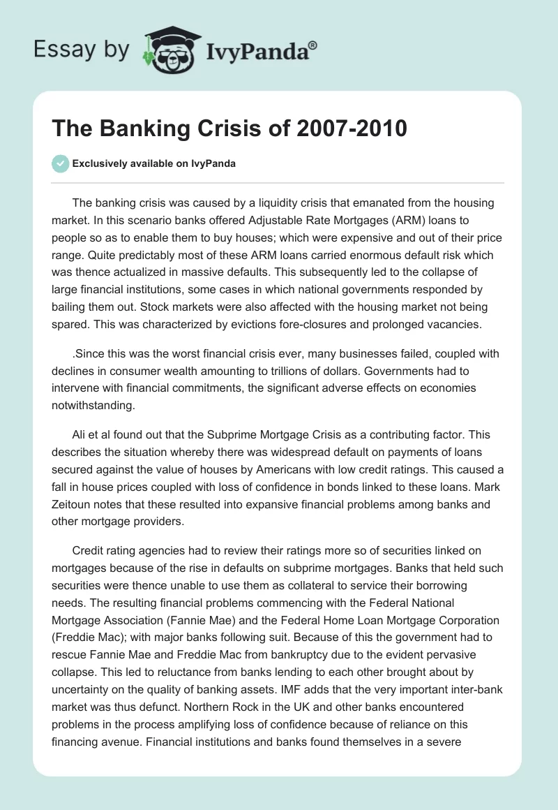 The Banking Crisis of 2007-2010. Page 1
