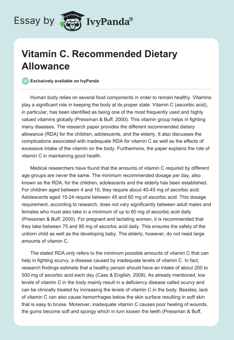 Vitamin C. Recommended Dietary Allowance. Page 1