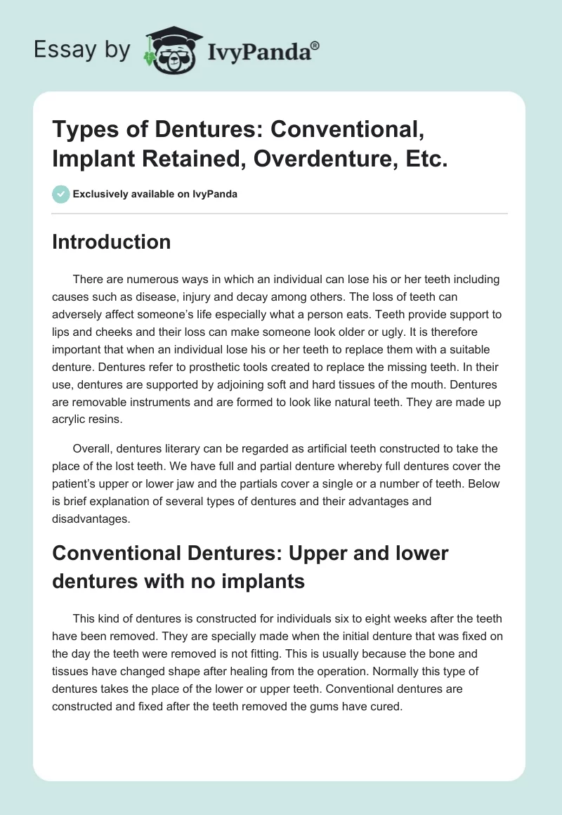 Types of Dentures: Conventional, Implant Retained, Overdenture, Etc.. Page 1