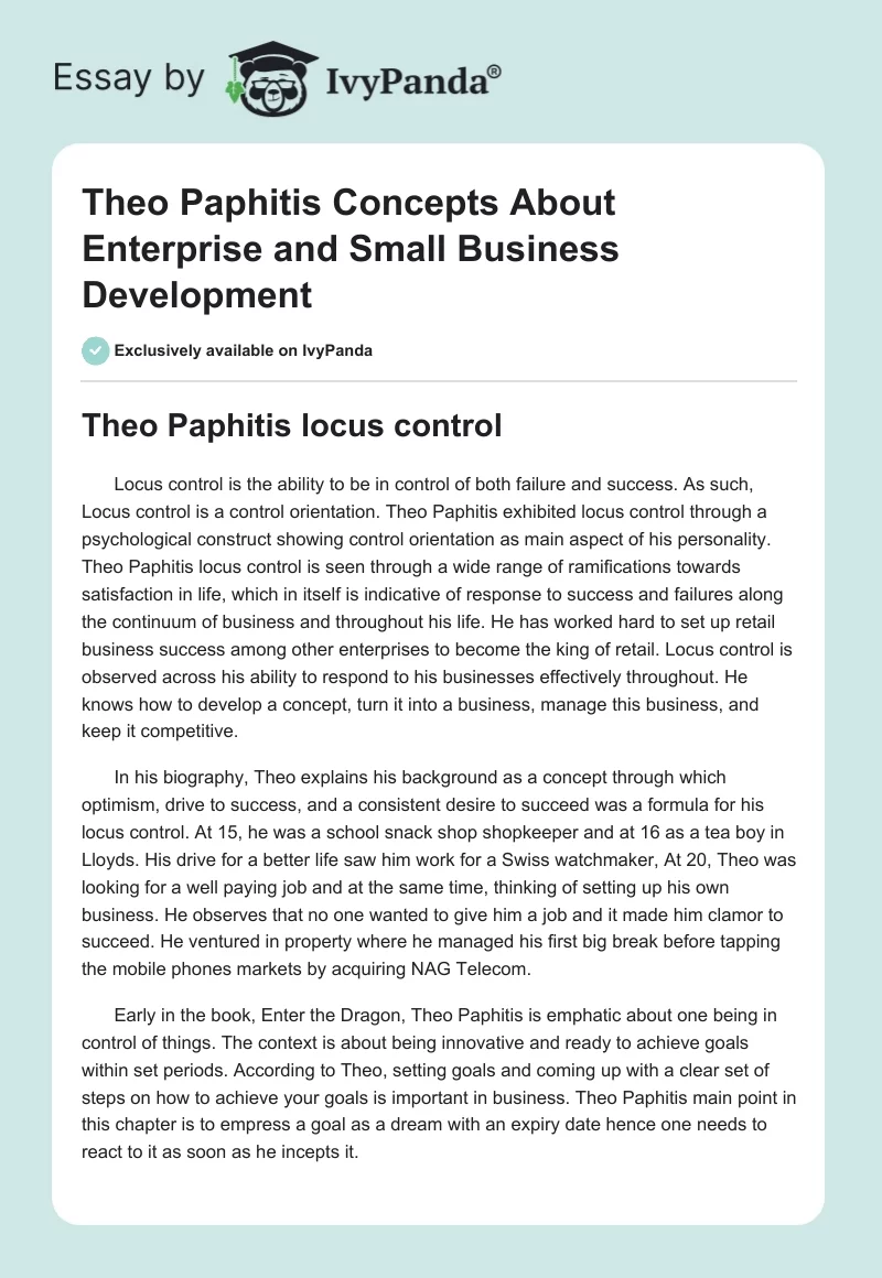 Theo Paphitis Concepts About Enterprise and Small Business Development. Page 1