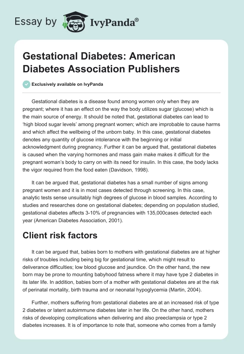 Gestational Diabetes: American Diabetes Association Publishers. Page 1