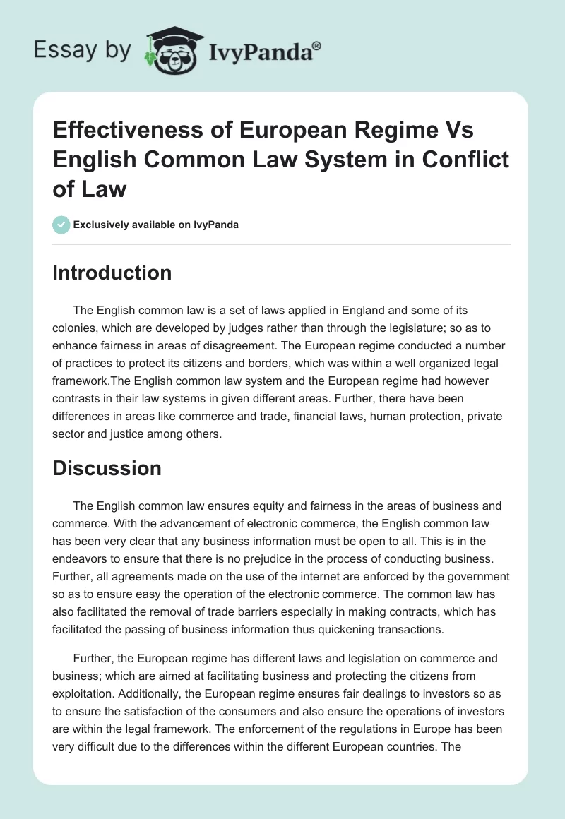 Effectiveness of European Regime Vs English Common Law System in Conflict of Law. Page 1