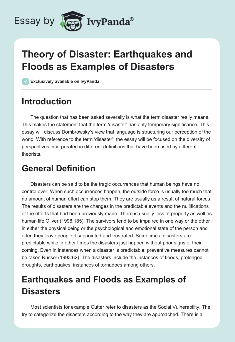 Theory of Disaster: Earthquakes and Floods as Examples of Disasters. Page 1