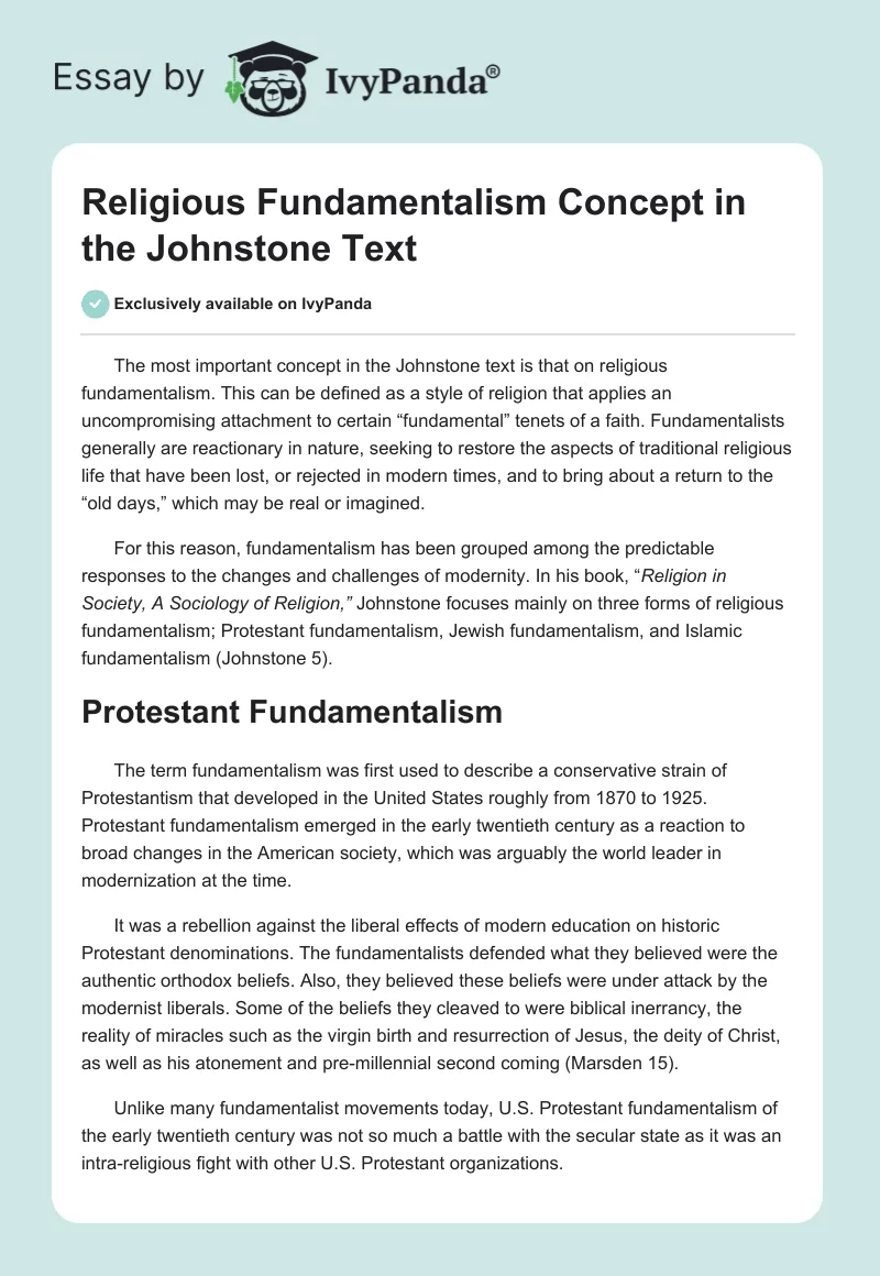 Religious Fundamentalism Concept in the Johnstone Text . Page 1