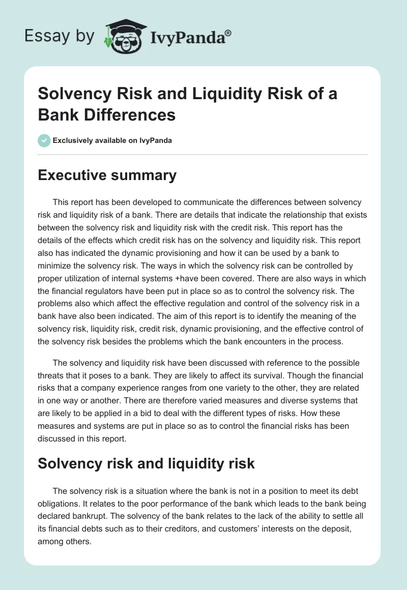 Solvency Risk and Liquidity Risk of a Bank Differences. Page 1