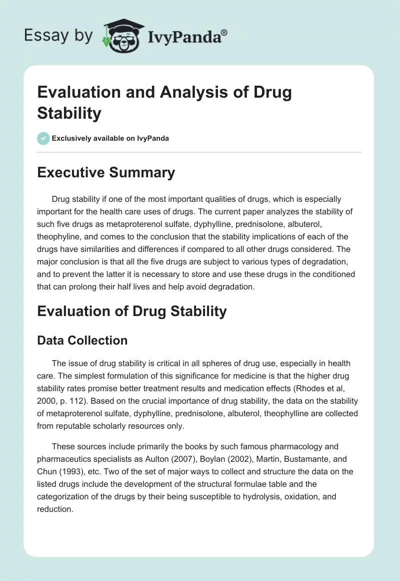 Evaluation and Analysis of Drug Stability. Page 1