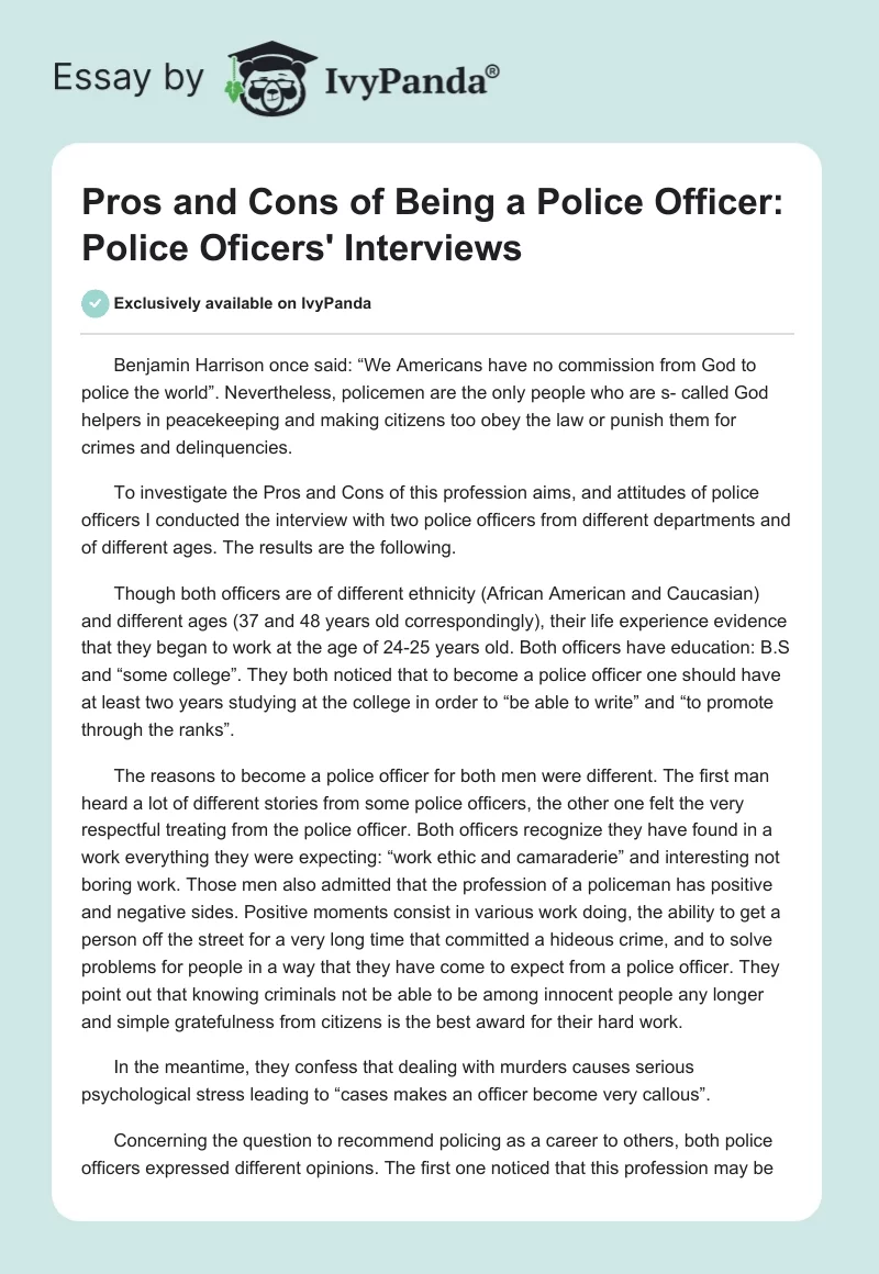 Pros and Cons of Being a Police Officer: Police Oficers' Interviews. Page 1