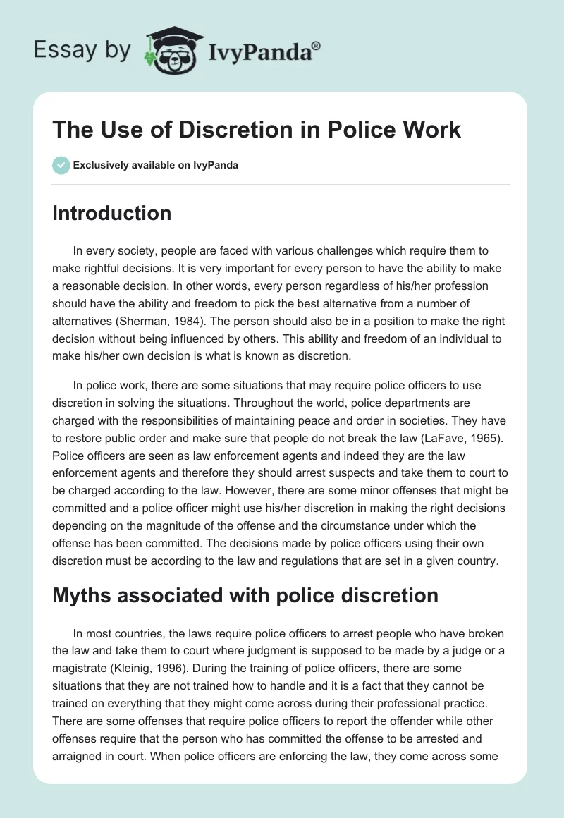 The Use of Discretion in Police Work. Page 1