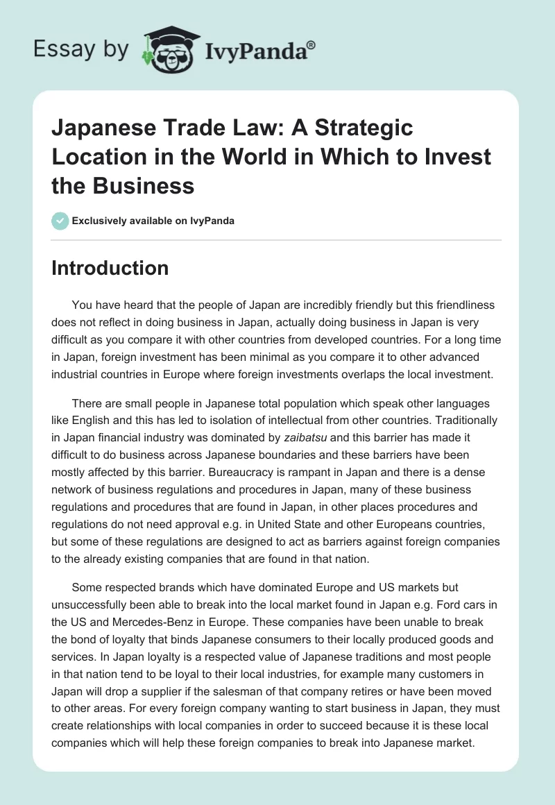 Japanese Trade Law: A Strategic Location in the World in Which to Invest the Business. Page 1