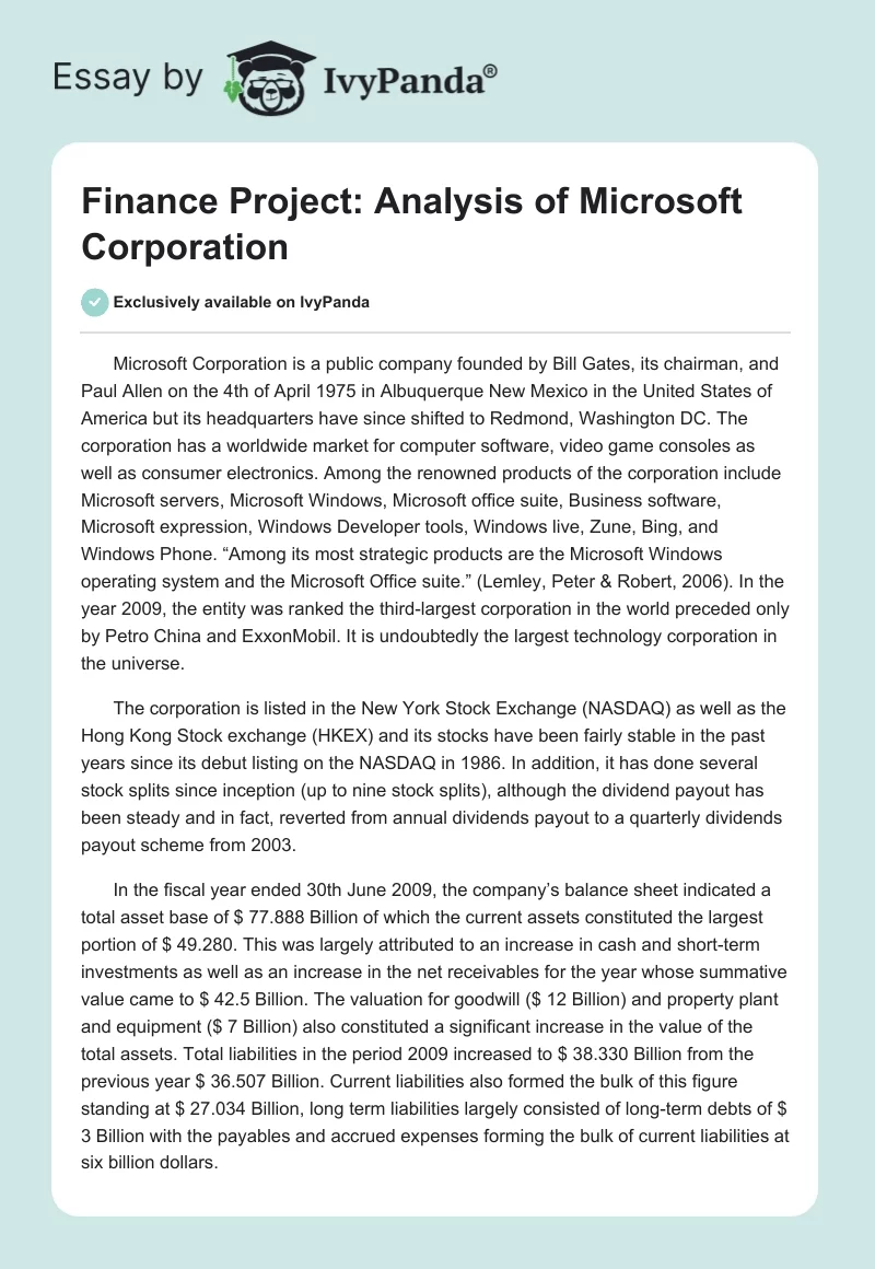 Finance Project: Analysis of Microsoft Corporation. Page 1