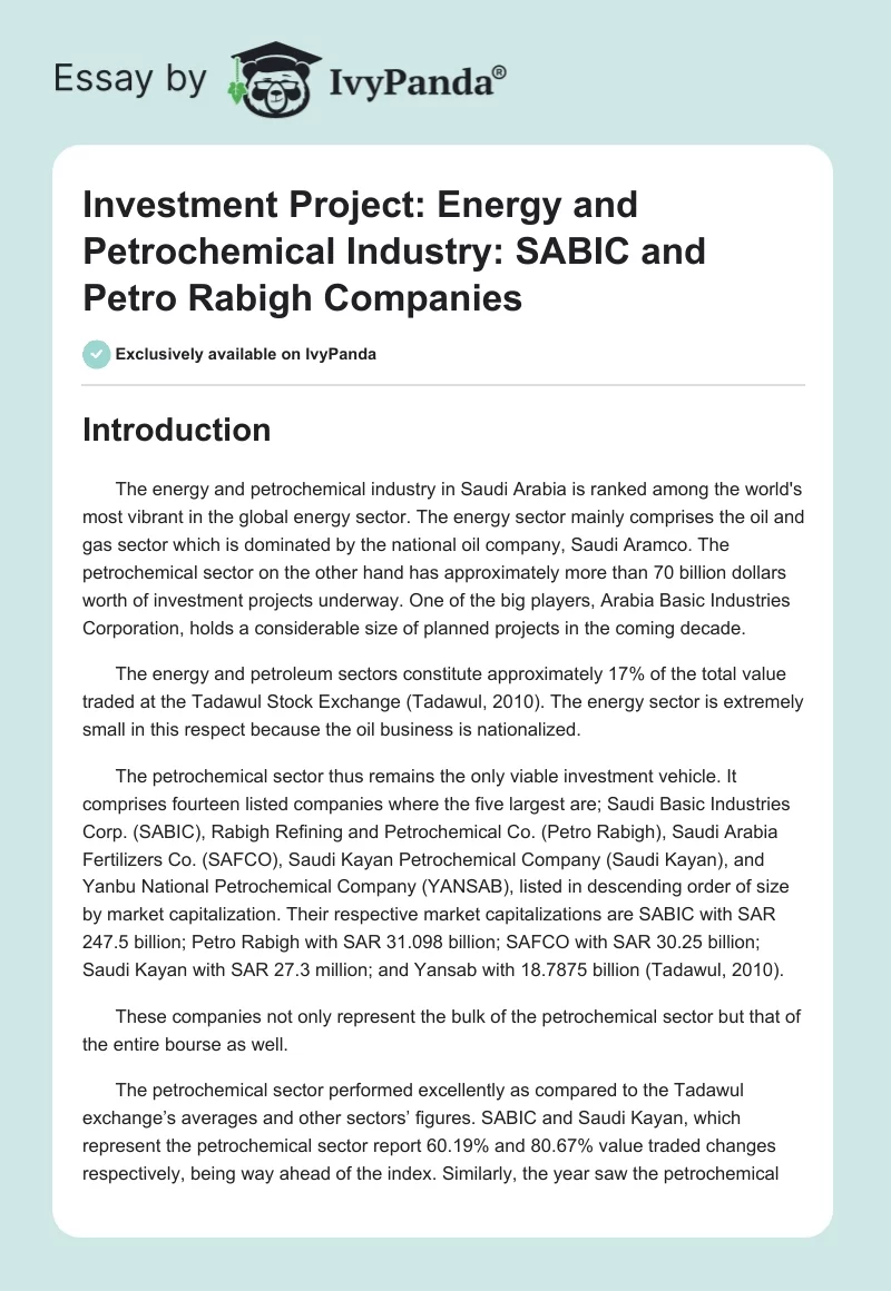 Investment Project: Energy and Petrochemical Industry: SABIC and Petro Rabigh Companies. Page 1