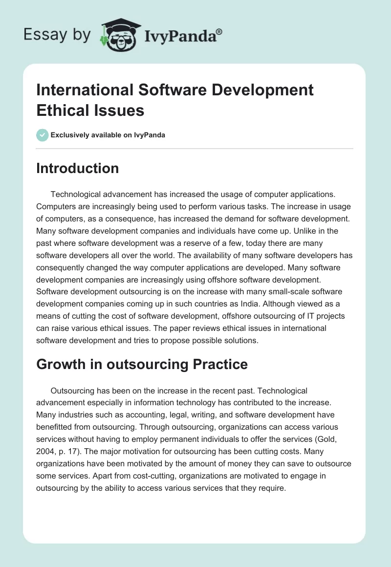 International Software Development Ethical Issues. Page 1
