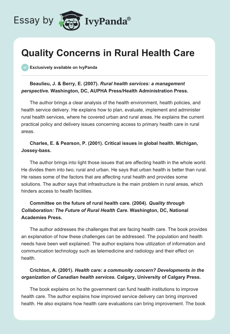 Quality Concerns in Rural Health Care. Page 1