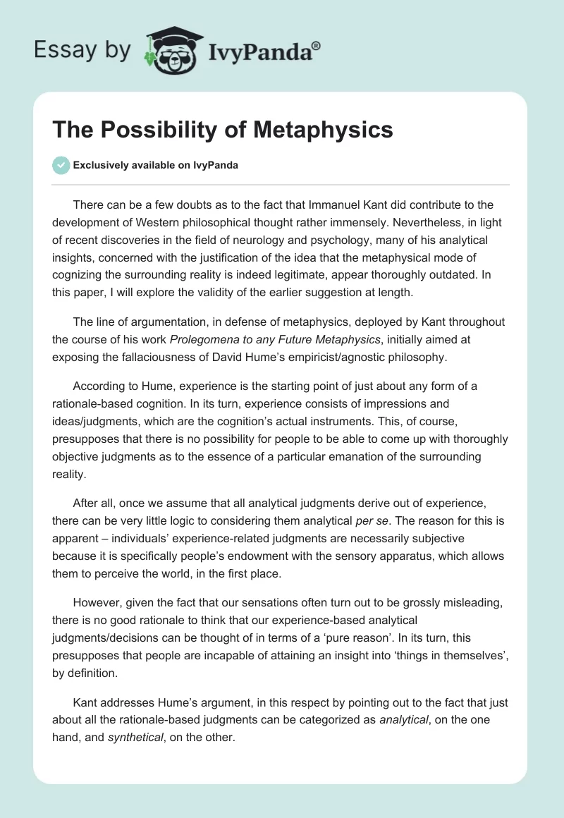 The Possibility of Metaphysics. Page 1