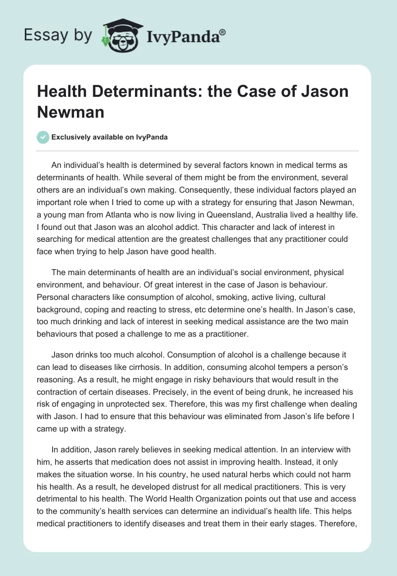 Health Determinants: the Case of Jason Newman. Page 1