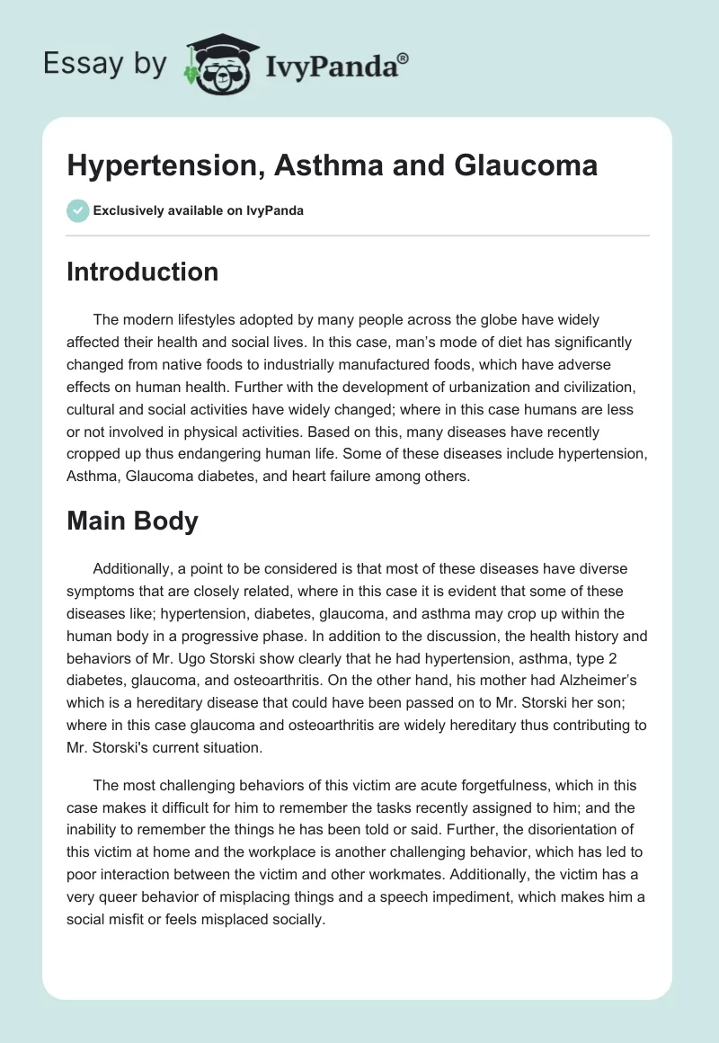 Hypertension, Asthma and Glaucoma. Page 1