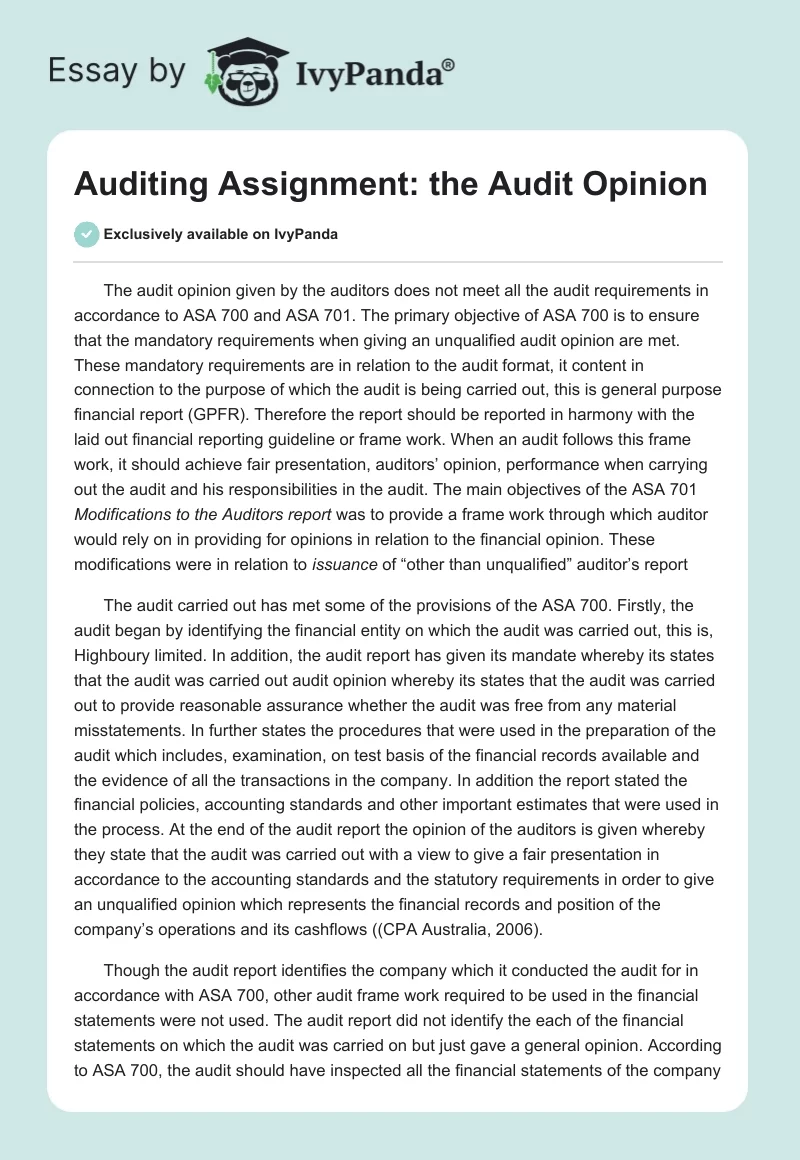 Auditing Assignment: the Audit Opinion. Page 1