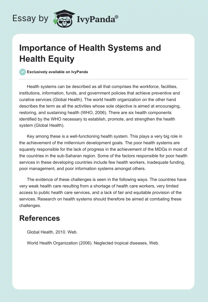 Importance of Health Systems and Health Equity. Page 1