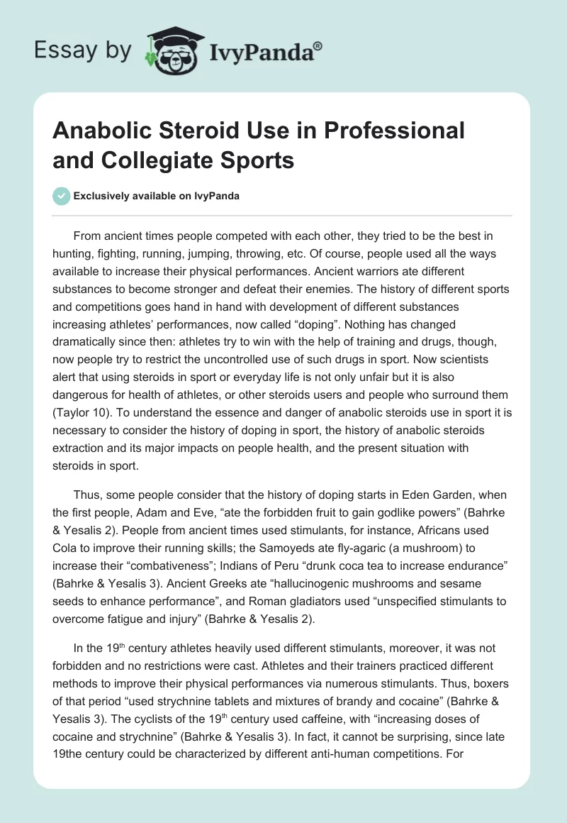 Anabolic Steroid Use in Professional and Collegiate Sports. Page 1