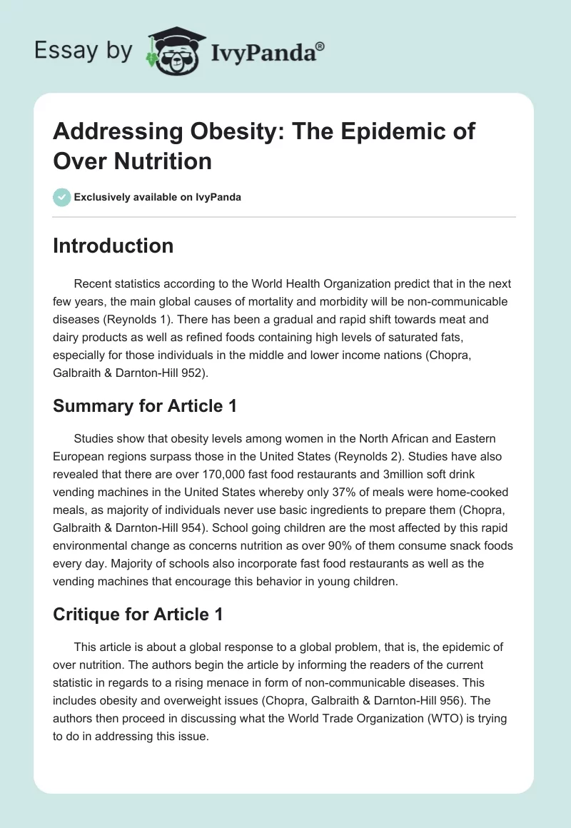 Addressing Obesity: The Epidemic of Over Nutrition. Page 1