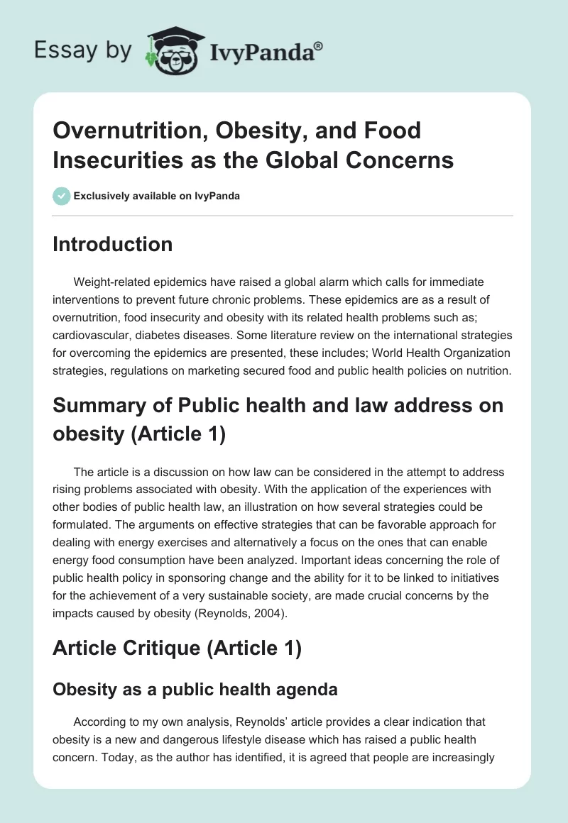 Overnutrition, Obesity, and Food Insecurities as the Global Concerns. Page 1