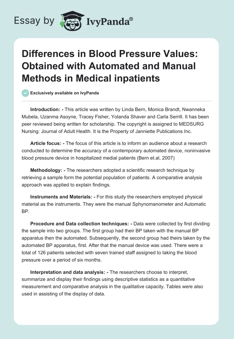 Differences in Blood Pressure Values: Obtained With Automated and Manual Methods in Medical Inpatients. Page 1