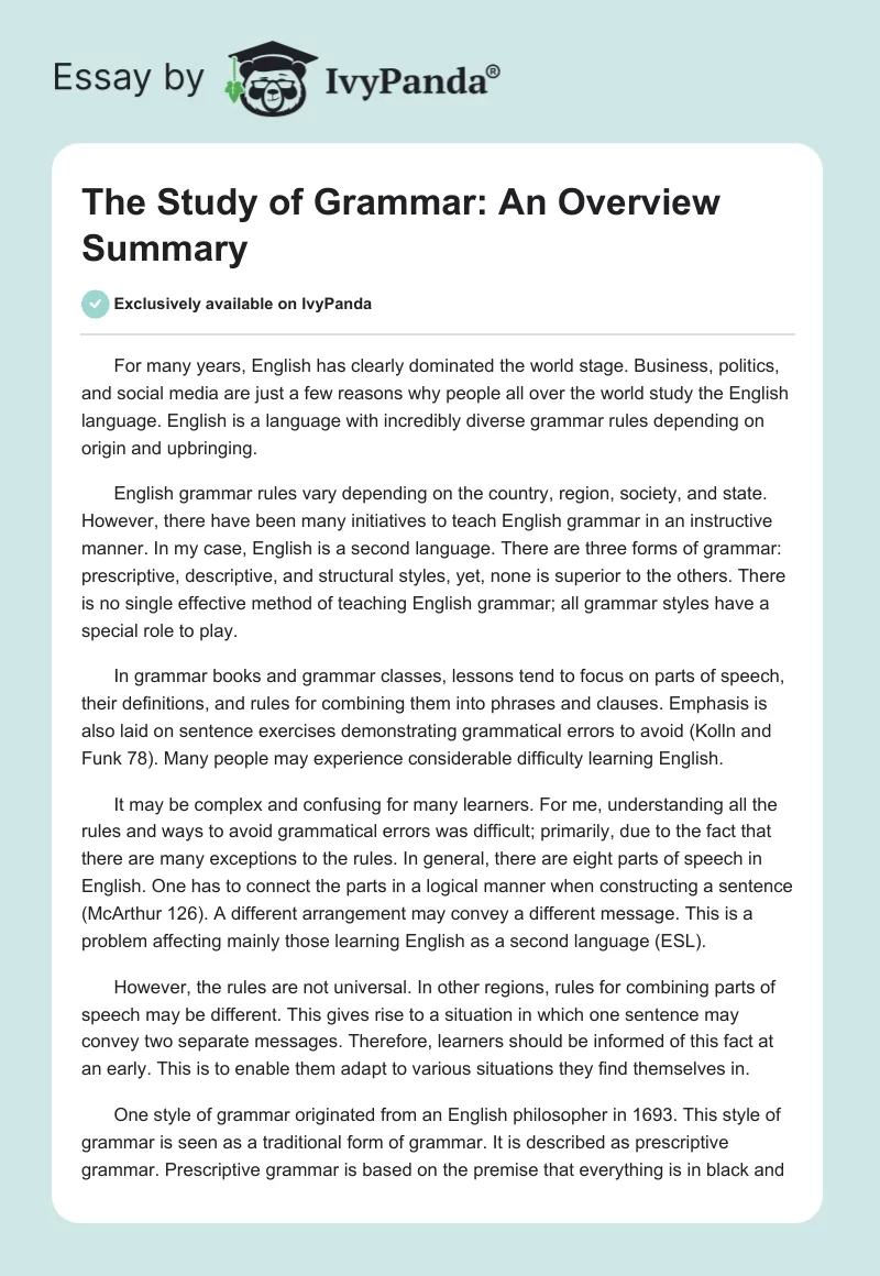 The Study of Grammar: An Overview Summary. Page 1