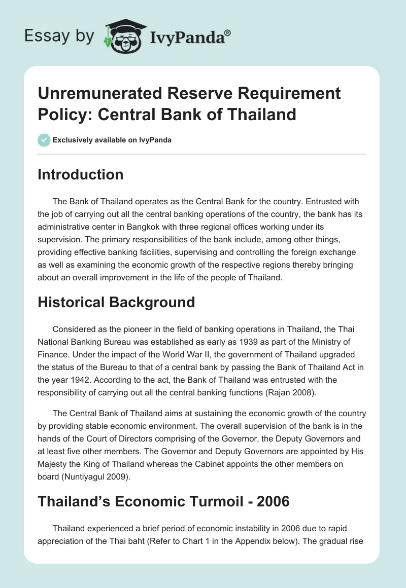 Unremunerated Reserve Requirement Policy: Central Bank of Thailand. Page 1