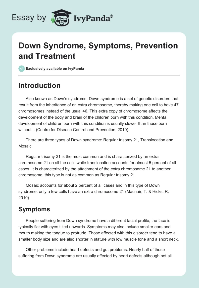 Down Syndrome, Symptoms, Prevention and Treatment. Page 1