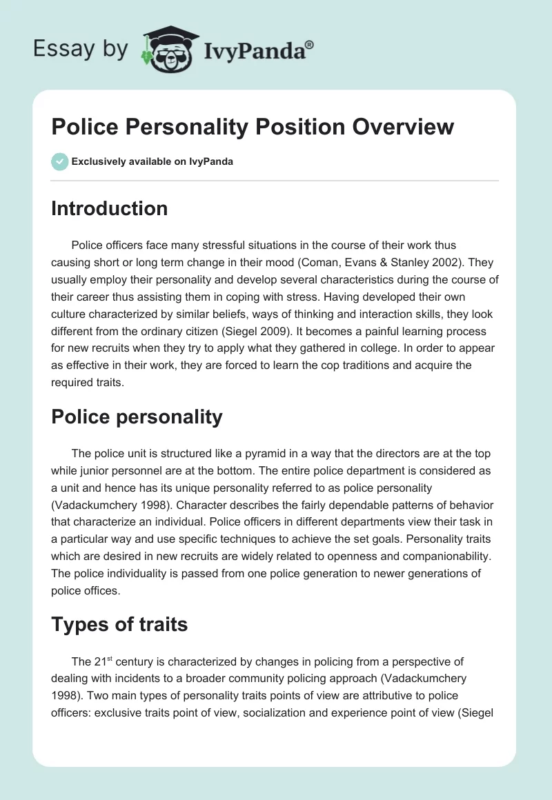 Police Personality Position Overview. Page 1
