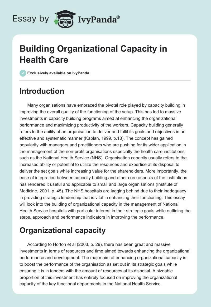 Building Organizational Capacity in Health Care. Page 1