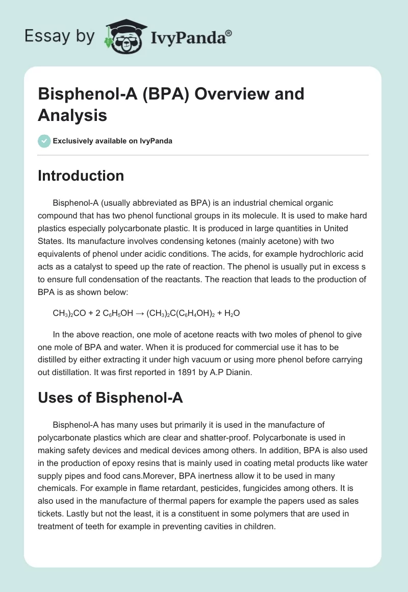 Bisphenol-A (BPA) Overview and Analysis. Page 1