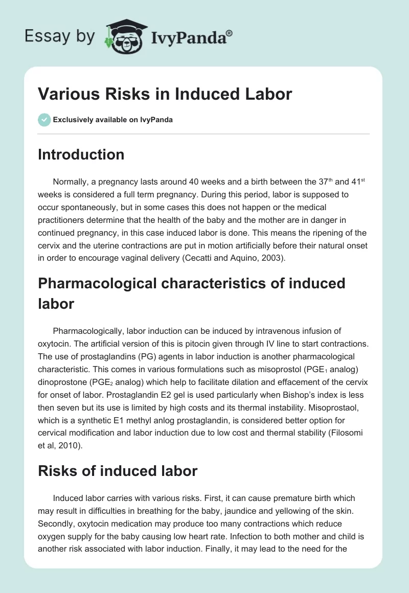 Various Risks in Induced Labor. Page 1