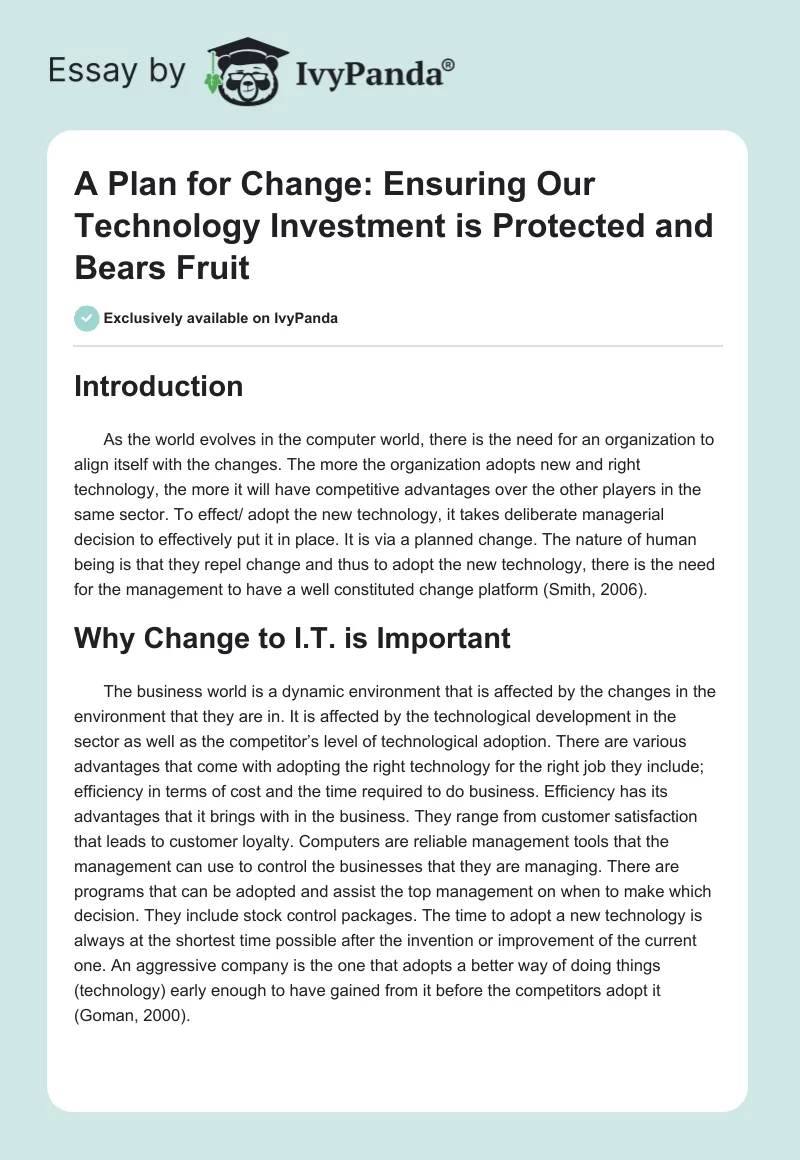 A Plan for Change: Ensuring Our Technology Investment is Protected and Bears Fruit. Page 1