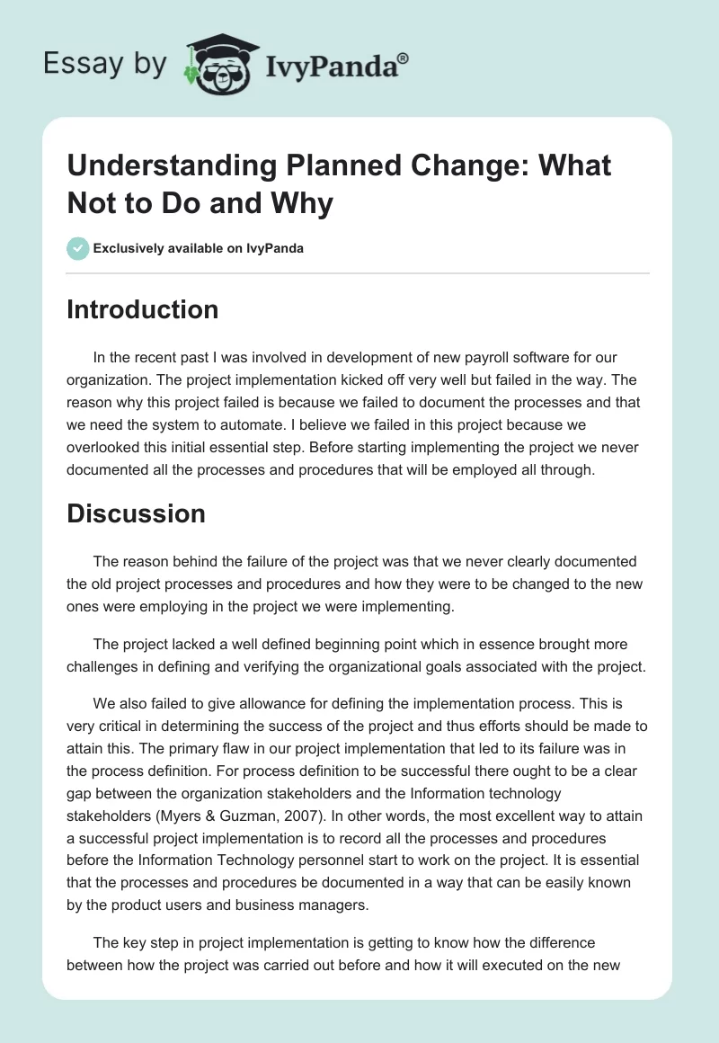 Understanding Planned Change: What Not to Do and Why. Page 1